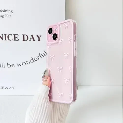 NITITOP iPhone 13 uchun mos keladigan g‘ilof Qizlar va ayollar uchun yoqimli, tiniq, bardoshli lenta bantikli naqshli yumshoq TPU shaffof to‘liq kamera linzali zarbaga chidamli himoya telefon qopqog‘i - pushti - 5