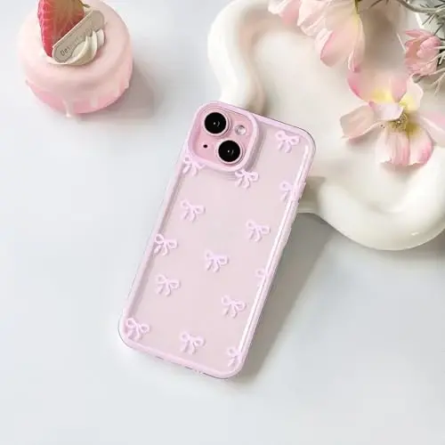 NITITOP iPhone 13 uchun mos keladigan g‘ilof Qizlar va ayollar uchun yoqimli, tiniq, bardoshli lenta bantikli naqshli yumshoq TPU shaffof to‘liq kamera linzali zarbaga chidamli himoya telefon qopqog‘i - pushti - 2
