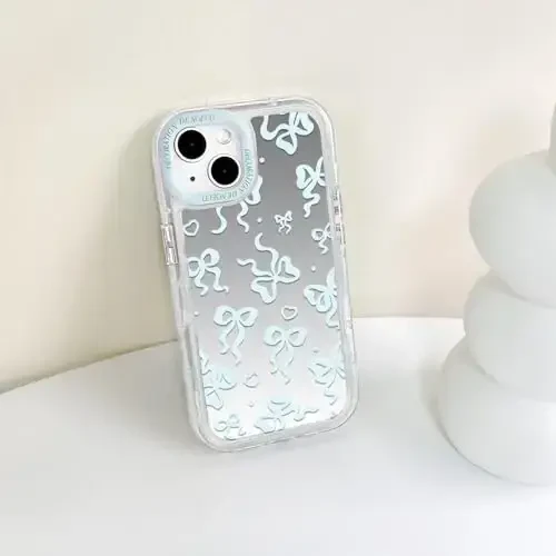 NITITOP iPhone 13 uchun mos keladigan g'ilof Yoqimli oyna kamon Sevgi yurak naqshli Ayollar qizlar uchun lenta dizayni Zarba o'tkazmaydigan kumush himoya telefon qopqog'i - Moviy kamon - 7