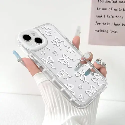 NITITOP Compatible with iPhone 14 Case Cute Mirror Bow Love Heart Pattern for Women Girls Ribbon Design Shockproof Silver Protective Phone Cover - White Bow - NITITOP (1)