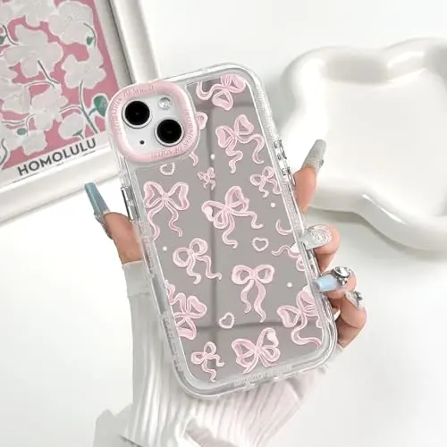 NITITOP Compatible with iPhone 14 Case Cute Mirror Bow Love Heart Pattern for Women Girls Ribbon Design Shockproof Silver Protective Phone Cover - Light Pink Bow - 3