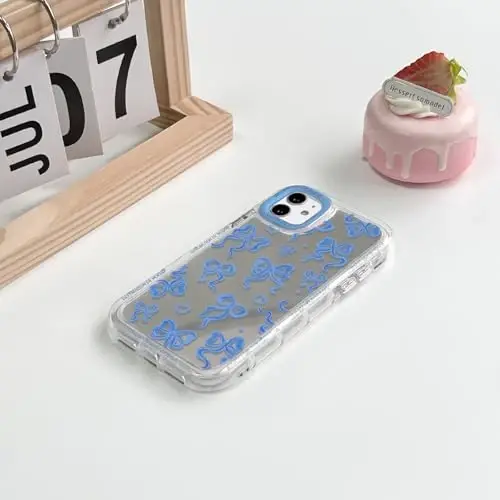 NITITOP Compatible with iPhone 14 Case Cute Mirror Bow Love Heart Pattern for Women Girls Ribbon Design Shockproof Silver Protective Phone Cover - Indigo Blue Bow - 4
