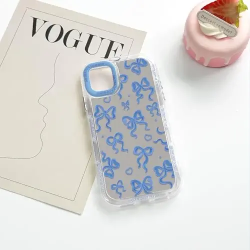 NITITOP Compatible with iPhone 14 Case Cute Mirror Bow Love Heart Pattern for Women Girls Ribbon Design Shockproof Silver Protective Phone Cover - Indigo Blue Bow - 6