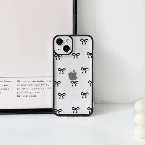 NITITOP Compatible with iPhone 14 Case Cute Clear Durable Ribbon Bowknot Pattern for Girls Women Soft TPU Transparent Full Camera Lens Shockproof Protective Phone Cover - Black - 4