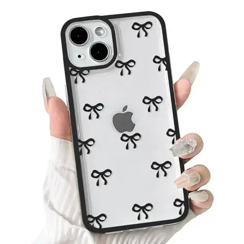 NITITOP Compatible with iPhone 14 Case Cute Clear Durable Ribbon Bowknot Pattern for Girls Women Soft TPU Transparent Full Camera Lens Shockproof Protective Phone Cover - Black - 1