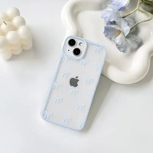 NITITOP Compatible with iPhone 14 Case Cute Clear Durable Ribbon Bowknot Pattern for Girls Women Soft TPU Transparent Full Camera Lens Shockproof Protective Phone Cover - Blue - NITITOP (1)