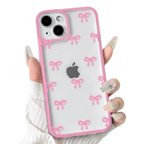 NITITOP Compatible with iPhone 14 Case Cute Clear Durable Ribbon Bowknot Pattern for Girls Women Soft TPU Transparent Full Camera Lens Shockproof Protective Phone Cover - Rose Red - NITITOP
