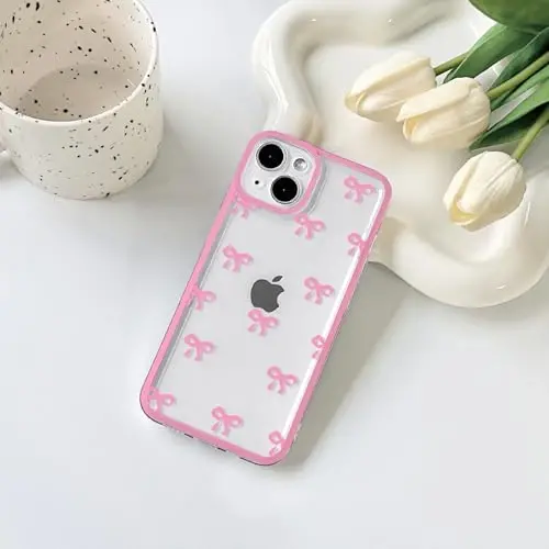 NITITOP Compatible with iPhone 14 Case Cute Clear Durable Ribbon Bowknot Pattern for Girls Women Soft TPU Transparent Full Camera Lens Shockproof Protective Phone Cover - Rose Red - NITITOP (1)
