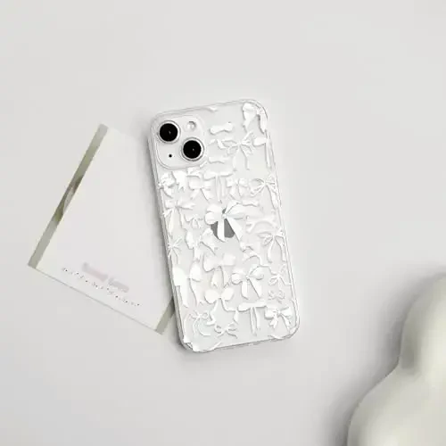 NITITOP Compatible with iPhone 14 Case Cute Clear Bowknot Design for Women Girls White Bow Ribbon Soft Fit Slim Stylish Protective Phone Cover - White - NITITOP (1)