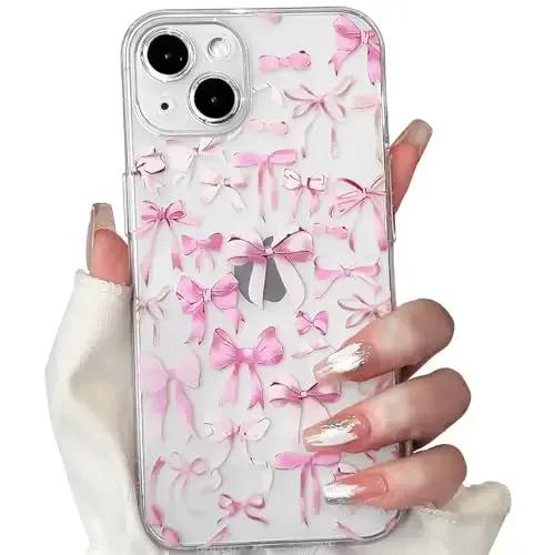 NITITOP Compatible with iPhone 14 Case Cute Clear Bowknot Design for Women Girls Pink Bow Ribbon Soft Fit Slim Stylish Protective Phone Cover - Pink 