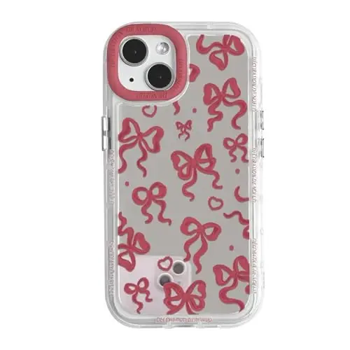 NITITOP Compatible with iPhone 14 Plus Case Cute Mirror Bow Love Heart Pattern for Women Girls Ribbon Design Shockproof Silver Protective Phone Cover - Wine Red Bow - 1