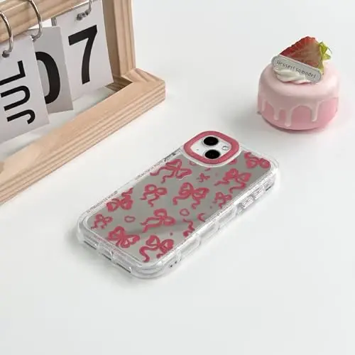 NITITOP Compatible with iPhone 14 Plus Case Cute Mirror Bow Love Heart Pattern for Women Girls Ribbon Design Shockproof Silver Protective Phone Cover - Wine Red Bow - 4