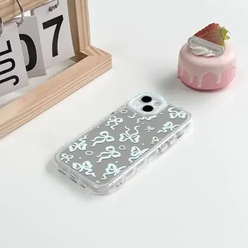NITITOP Compatible with iPhone 14 Plus Case Cute Mirror Bow Love Heart Pattern for Women Girls Ribbon Design Shockproof Silver Protective Phone Cover - Blue Bow - 4