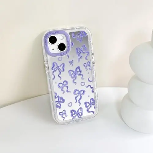 NITITOP Compatible with iPhone 14 Plus Case Cute Mirror Bow Love Heart Pattern for Women Girls Ribbon Design Shockproof Silver Protective Phone Cover - Purple Bow - 7