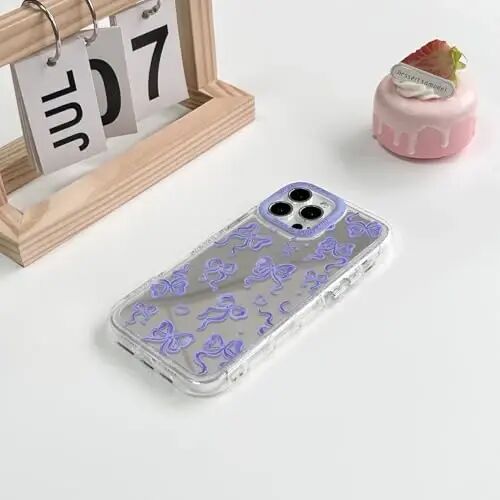 NITITOP Compatible with iPhone 14 Plus Case Cute Mirror Bow Love Heart Pattern for Women Girls Ribbon Design Shockproof Silver Protective Phone Cover - Purple Bow - 4