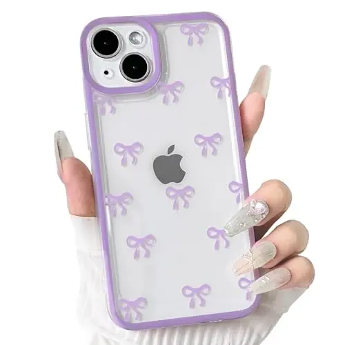 NITITOP Compatible with iPhone 14 Plus Case Cute Clear Durable Ribbon Bowknot Pattern for Girls Women Soft TPU Transparent Full Camera Lens Shockproof Protective Phone Cover - Purple - NITITOP