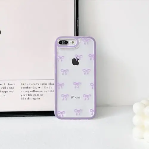NITITOP Compatible with iPhone 7 Plus / 8 Plus Case Cute Clear Ribbon Bowknot Pattern for Girls Women Soft TPU Transparent Full Camera Lens Shockproof Protective Phone Cover - Purple 
