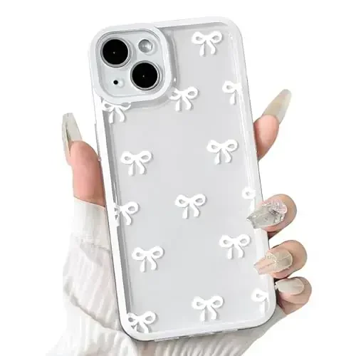NITITOP Compatible with iPhone 14 Plus Case Cute Clear Durable Ribbon Bowknot Pattern for Girls Women Soft TPU Transparent Full Camera Lens Shockproof Protective Phone Cover - White - NITITOP