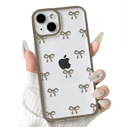NITITOP Compatible with iPhone 14 Plus Case Cute Clear Durable Ribbon Bowknot Pattern for Girls Women Soft TPU Transparent Full Camera Lens Shockproof Protective Phone Cover - Brown 