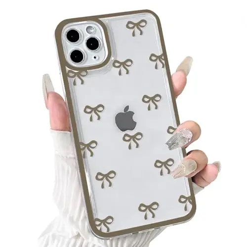 NITITOP Compatible with iPhone 14 Plus Case Cute Clear Durable Ribbon Bowknot Pattern for Girls Women Soft TPU Transparent Full Camera Lens Shockproof Protective Phone Cover - Brown 