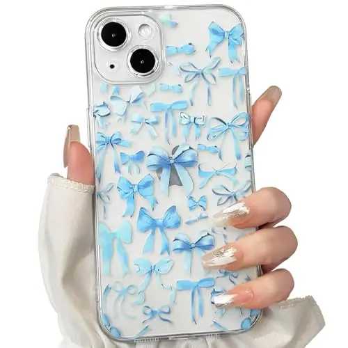 NITITOP Compatible with iPhone 14 Plus Case Cute Clear Bowknot Design for Women Girls Blue Bow Ribbon Soft Fit Slim Stylish Protective Phone Cover - Blue - 1