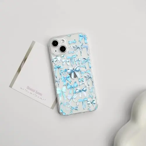 NITITOP Compatible with iPhone 14 Plus Case Cute Clear Bowknot Design for Women Girls Blue Bow Ribbon Soft Fit Slim Stylish Protective Phone Cover - Blue - 2