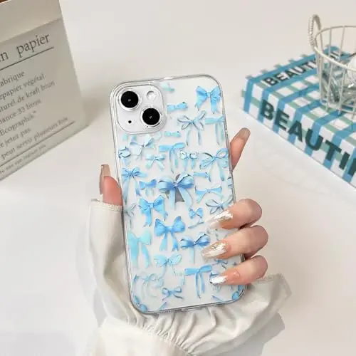 NITITOP Compatible with iPhone 14 Plus Case Cute Clear Bowknot Design for Women Girls Blue Bow Ribbon Soft Fit Slim Stylish Protective Phone Cover - Blue - 3