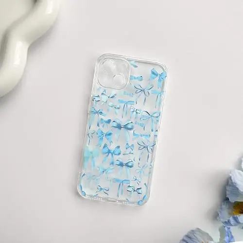 NITITOP Compatible with iPhone 14 Plus Case Cute Clear Bowknot Design for Women Girls Blue Bow Ribbon Soft Fit Slim Stylish Protective Phone Cover - Blue - 4
