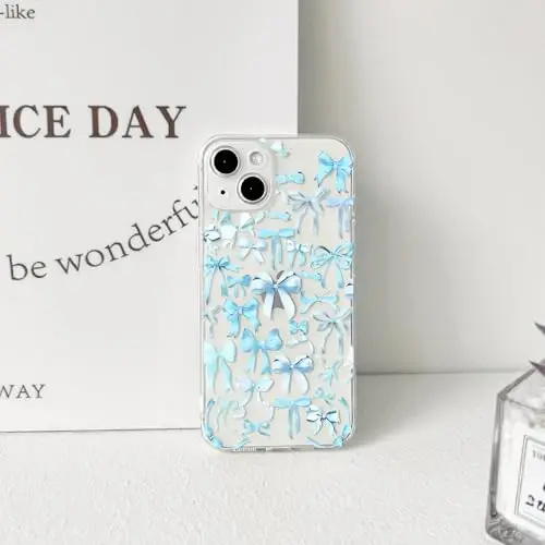 NITITOP Compatible with iPhone 14 Plus Case Cute Clear Bowknot Design for Women Girls Blue Bow Ribbon Soft Fit Slim Stylish Protective Phone Cover - Blue - 6