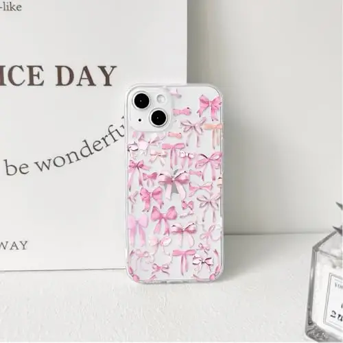NITITOP Compatible with iPhone 14 Plus Case Cute Clear Bowknot Design for Women Girls Pink Bow Ribbon Soft Fit Slim Stylish Protective Phone Cover - Pink - 6