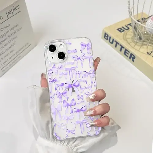 NITITOP iPhone 14 Plus uchun g‘ilof, yoqimli shaffof bantli dizayn, ayollar qizlar uchun binafsha rangli bantli yumshoq, ingichka, zamonaviy himoya telefon qopqog‘i - Binafsha - 3