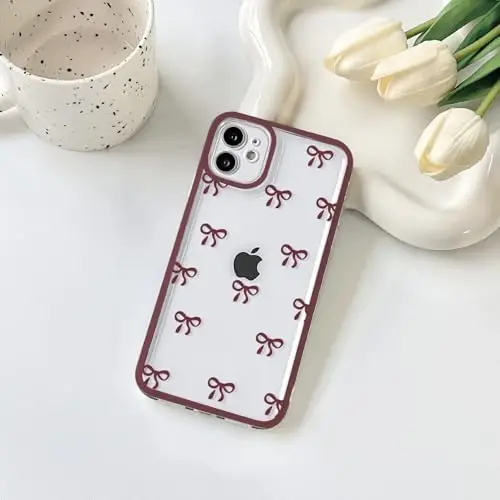 NITITOP iPhone 14 Plus uchun gʻilof, yoqimli tiniq chidamli lenta bantli qizlar ayollar uchun yumshoq TPU shaffof toʻliq kamera linzalari zarbadan himoya qiluvchi telefon qopqogʻi - toʻq qizil - 2