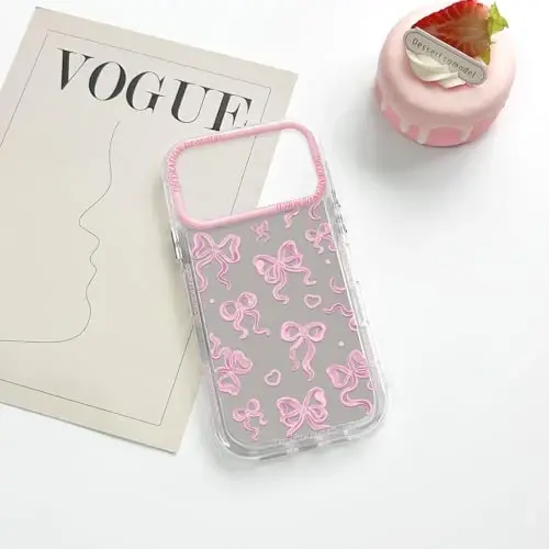 NITITOP iPhone 14 Plus uchun mos keladigan chexol, ayollar qizlar uchun yoqimli oyna kamon sevgi yurak naqshli lenta dizayni zarbaga chidamli kumush himoya telefon qopqog'i - pushti kamon - 6