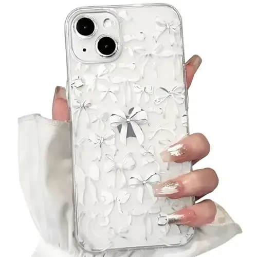 NITITOP iPhone 14 Plus uchun mos keladigan g'ilof Chiroyli shaffof oq bantli ayollar qizlar uchun kamon dizayni Yumshoq ingichka zamonaviy himoya telefon qopqog'i - Oq - 1