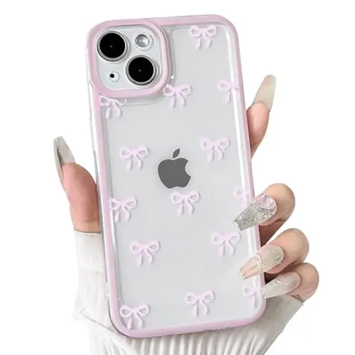 NITITOP iPhone 14 Plus uchun mos keladigan g‘ilof Yoqimli shaffof chidamli lenta Kamoncha naqshli qizlar ayollar uchun yumshoq TPU shaffof to‘liq kamera linzalari zarbga chidamli himoya telefon qopqog‘i - Pushti - 1