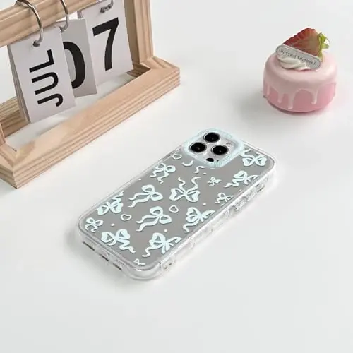 NITITOP Compatible with iPhone 14 Pro Case Cute Mirror Bow Love Heart Pattern for Women Girls Ribbon Design Shockproof Silver Protective Phone Cover - Blue Bow - 4