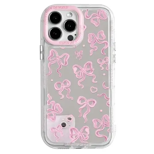NITITOP Compatible with iPhone 14 Pro Case Cute Mirror Bow Love Heart Pattern for Women Girls Ribbon Design Shockproof Silver Protective Phone Cover - Pink Bow - 1