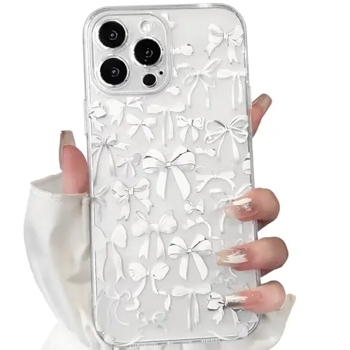 NITITOP Compatible with iPhone 14 Pro Case Cute Clear Bowknot Design for Women Girls White Bow Ribbon Soft Fit Slim Stylish Protective Phone Cover - White - 1