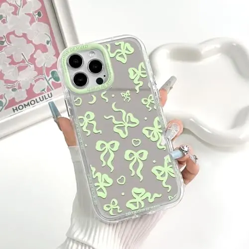 NITITOP Compatible with iPhone 14 Pro Max Case Cute Mirror Bow Love Heart Pattern for Women Girls Ribbon Design Shockproof Silver Protective Phone Cover - Green Bow - 3