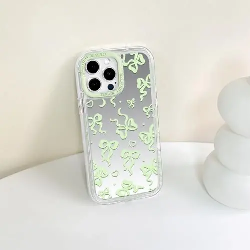 NITITOP Compatible with iPhone 14 Pro Max Case Cute Mirror Bow Love Heart Pattern for Women Girls Ribbon Design Shockproof Silver Protective Phone Cover - Green Bow - 7