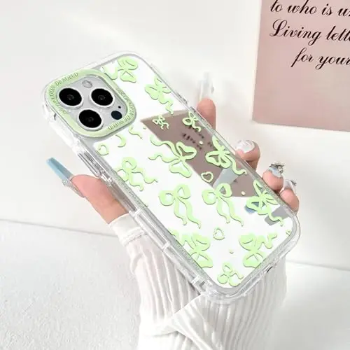 NITITOP Compatible with iPhone 14 Pro Max Case Cute Mirror Bow Love Heart Pattern for Women Girls Ribbon Design Shockproof Silver Protective Phone Cover - Green Bow - NITITOP (1)