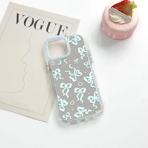 NITITOP Compatible with iPhone 14 Pro Max Case Cute Mirror Bow Love Heart Pattern for Women Girls Ribbon Design Shockproof Silver Protective Phone Cover - Blue Bow - 6