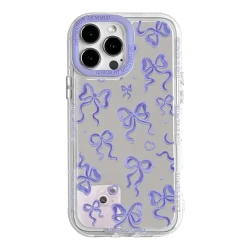 NITITOP Compatible with iPhone 14 Pro Max Case Cute Mirror Bow Love Heart Pattern for Women Girls Ribbon Design Shockproof Silver Protective Phone Cover - Purple Bow - 1