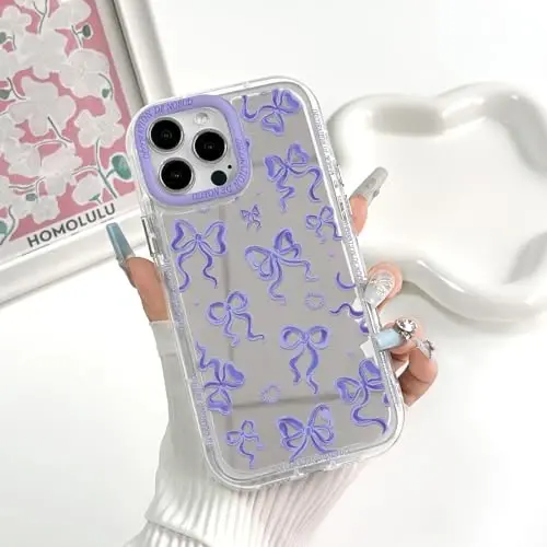 NITITOP Compatible with iPhone 14 Pro Max Case Cute Mirror Bow Love Heart Pattern for Women Girls Ribbon Design Shockproof Silver Protective Phone Cover - Purple Bow - 3