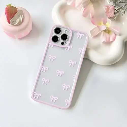 NITITOP Compatible with iPhone 14 Pro Max Case Cute Clear Durable Ribbon Bowknot Pattern for Girls Women Soft TPU Transparent Full Camera Lens Shockproof Protective Phone Cover - Pink - 2