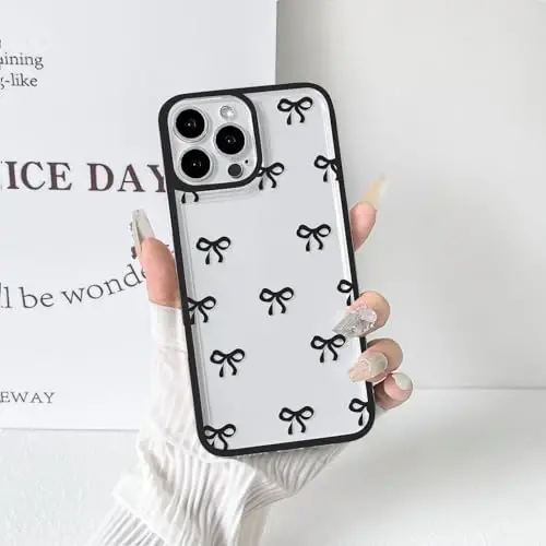 NITITOP Compatible with iPhone 14 Pro Max Case Cute Clear Durable Ribbon Bowknot Pattern for Girls Women Soft TPU Transparent Full Camera Lens Shockproof Protective Phone Cover - Black - 5