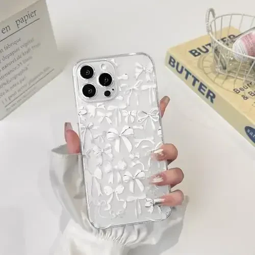 NITITOP iPhone 14 Pro Max uchun mos keladigan chexol, ayollar qizlar uchun yoqimli tiniq bantli dizayn, oq kamonli lenta, yumshoq, ingichka, zamonaviy himoya telefon qopqog'i - Oq - 3