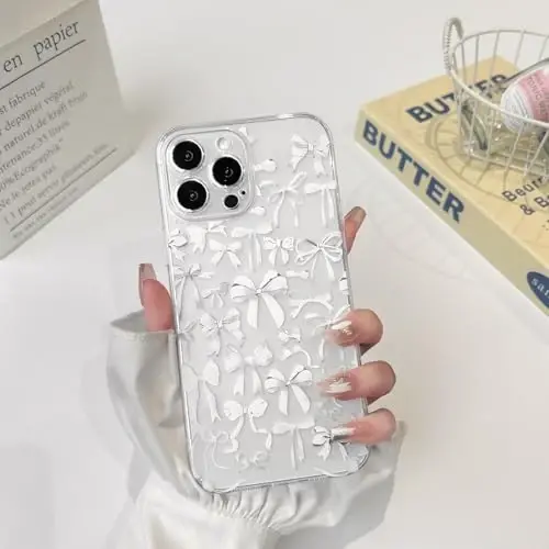 NITITOP iPhone 14 Pro Max uchun mos keladigan chexol, ayollar qizlar uchun yoqimli tiniq bantli dizayn, oq kamonli lenta, yumshoq, ingichka, zamonaviy himoya telefon qopqog'i - Oq - 3
