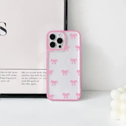 NITITOP iPhone 14 Pro Max uchun mos keladigan g‘ilof, qizlar va ayollar uchun chiroyli tiniq chidamli lenta tugunli naqshli yumshoq TPU shaffof to‘liq kamera linzalari zarbga chidamli himoya telefon qopqog‘i - och qizil - 4