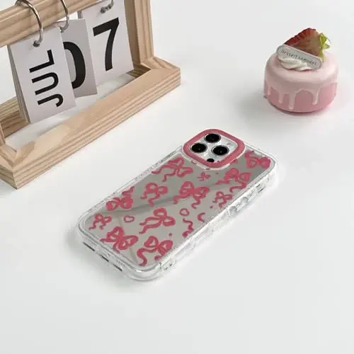 NITITOP iPhone 14 uchun g'ilof bilan mos keladi, Ayollar qizlar uchun yoqimli oyna kamon sevgi yurak naqshli lenta dizayni zarbaga chidamli kumush himoya telefon qopqog'i - sharob qizil kamon - 4
